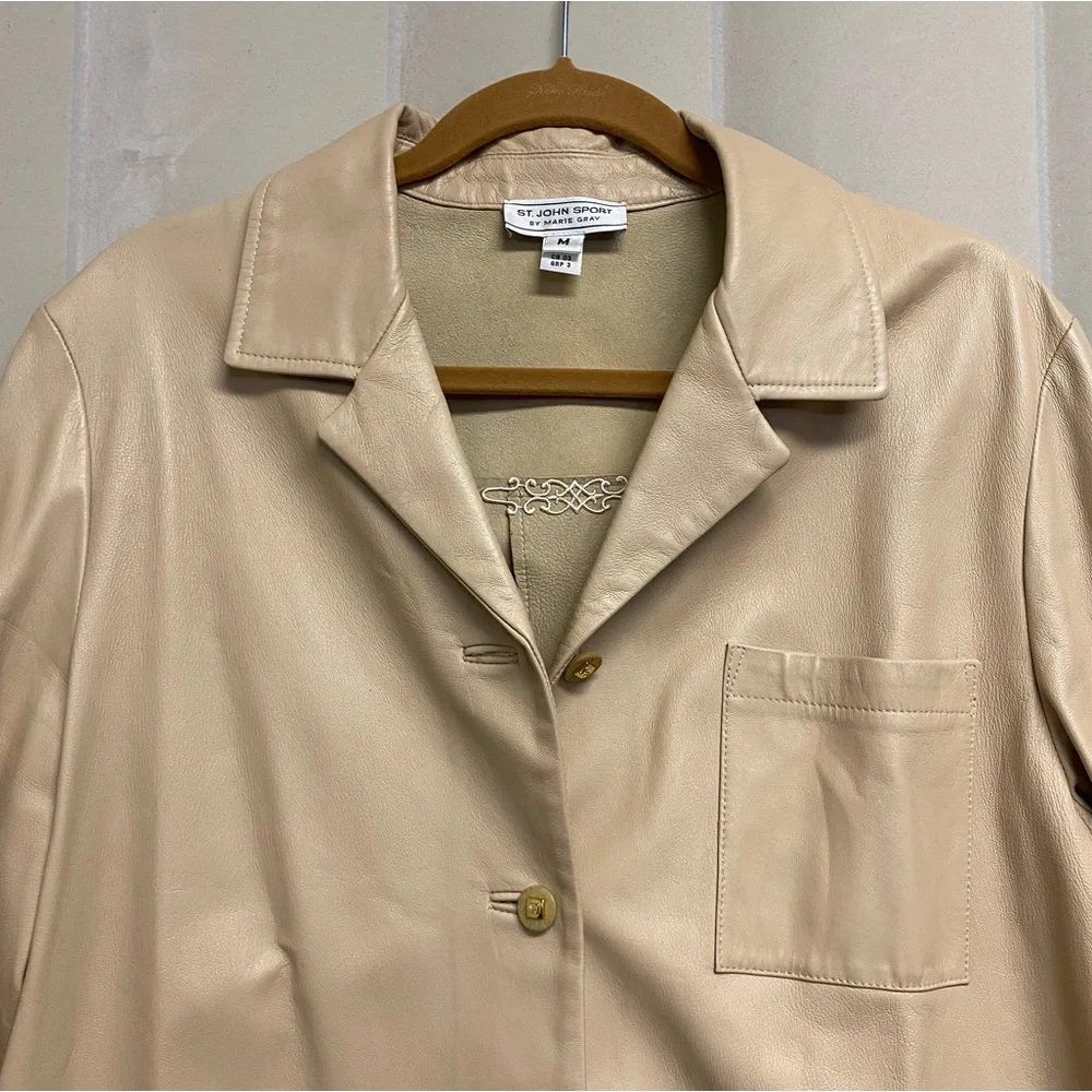 St. John Sport Marie Gray Women’s Jacket Medium 100% Leather Luxury Neutral